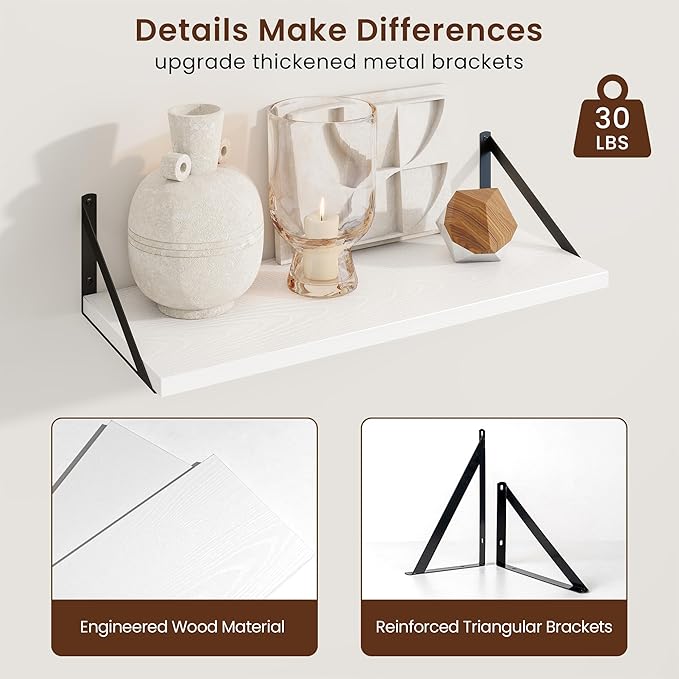 Axeman Deep Floating Shelves | 24 Inch White Wall Shelves Set of 2 | 10 Inch - Image 5