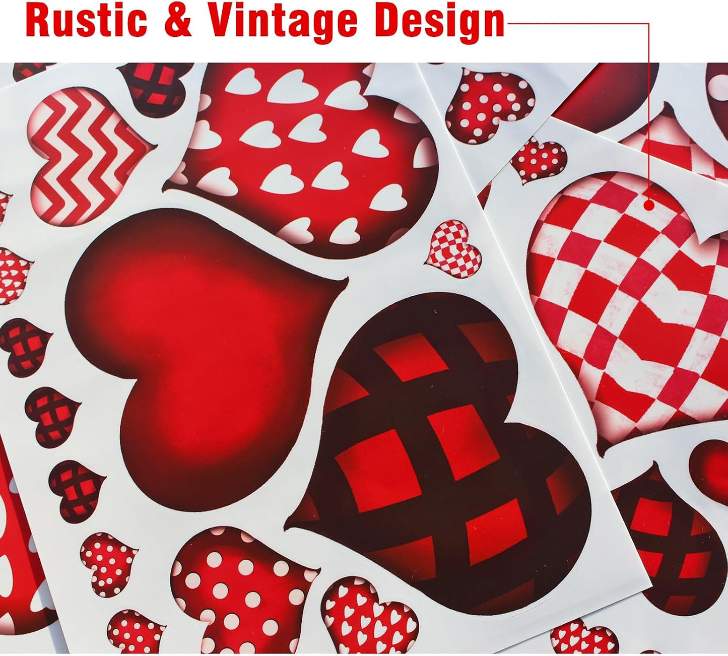 Valentines Day Window Clings: 6 Sheets Large Rustic Vintage Heart Window Decal Decorations, Farmhouse Red Black Valentine's Day Heart Stickers for Kids Home School Classroom Office Wedding