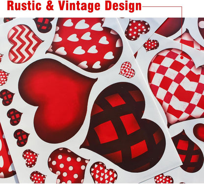 Valentines Day Window Clings: 6 Sheets Large Rustic Vintage Heart Window Decal Decorations, Farmhouse Red Black Valentine's Day Heart Stickers for Kids Home School Classroom Office Wedding