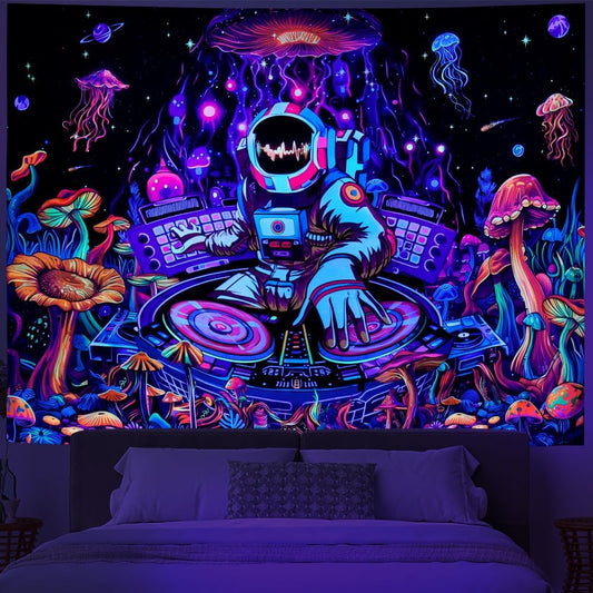 Amhokhui Blacklight Astronaut Tapestry UV Reactive Funny DJ Music Tapestry Trippy Aesthetic Tapestriesy Galaxy Space Tapestries Flower Wall Hanging Decor for Home