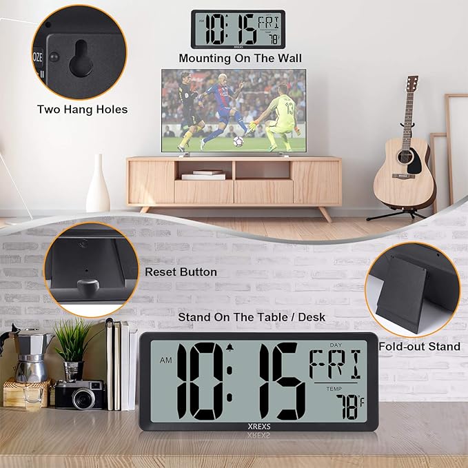 XREXS Large Digital Wall Clock, Battery Operated Alarm Clocks - Image 3