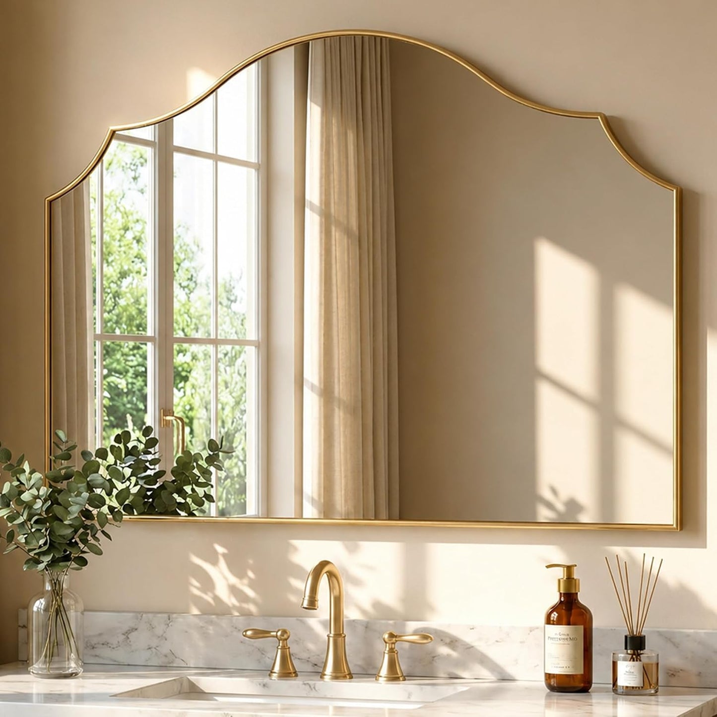 26"x35" Gold Arched Wall Mirror, Decorative Mirror | Modern Minimalist, Wall Mounted Wooden Frame For Bathroom, Vanity, Living Room, Bedroom, Hallway, Fireplace, Dresser