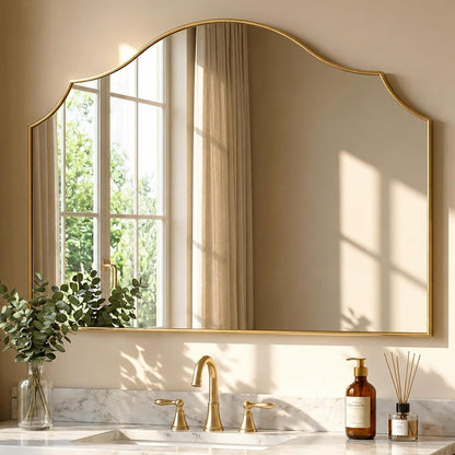 26"x35" Gold Arched Wall Mirror, Decorative Mirror | Modern Minimalist, Wall Mounted Wooden Frame For Bathroom, Vanity, Living Room, Bedroom, Hallway, Fireplace, Dresser