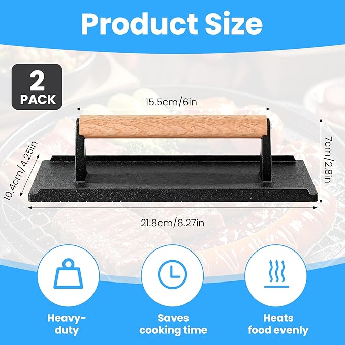 2 Pack Cast Iron Grill Press, Heavy Duty Rectangular Griddle Weight - Image 2