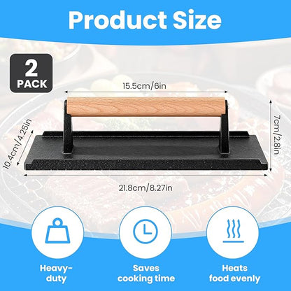 2 Pack Cast Iron Grill Press, Heavy Duty Rectangular Griddle Weight - Image 2
