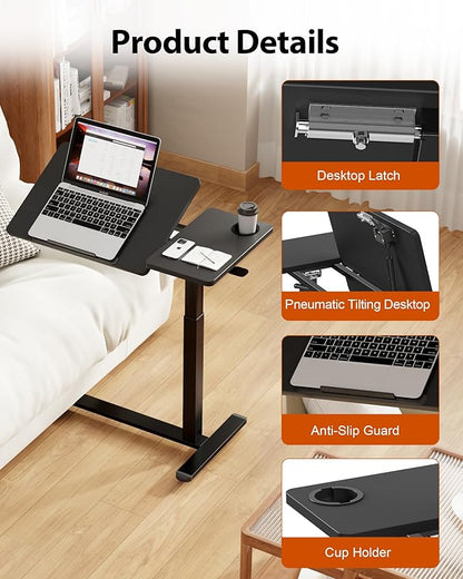 Overbed Table with Wheels, Pneumatic Height Adjustable Overbed Bedside Table - Image 6