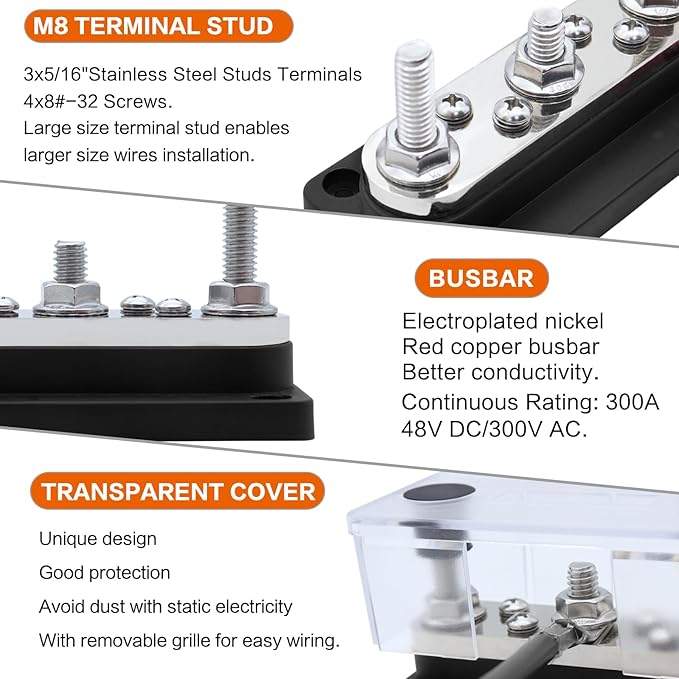 AMOMD 300A Bus Bars 3 Terminal Studs M8 4x8#-32 Screws Nickel Plated Copper - Image 3