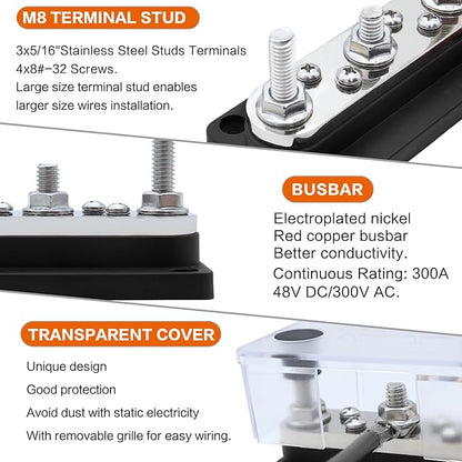 AMOMD 300A Bus Bars 3 Terminal Studs M8 4x8#-32 Screws Nickel Plated Copper - Image 3