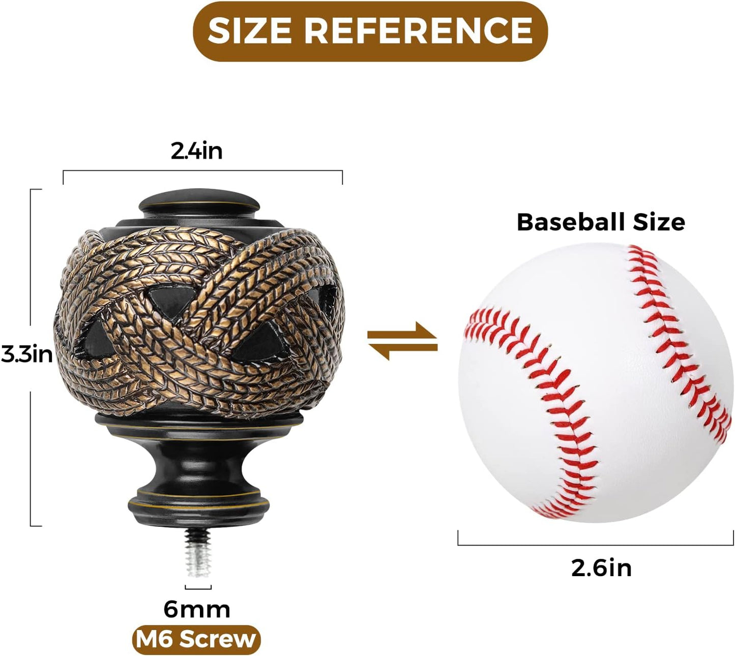Window Treatment Finials for 1 or 7/8 Inch Curtain Rods, Black Drapery Rods Replacement Finials with M6 Screws, Woven Leaf Pattern, 2 Pack