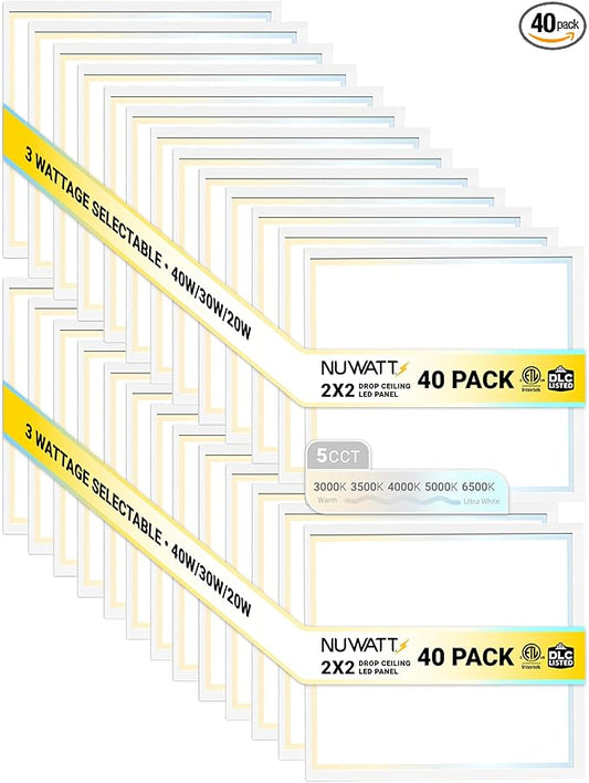 NUWATT 40 Pack 2x2 LED Flat Panel Lighting, Drop Ceiling Light Wattage by NUWATTLighting