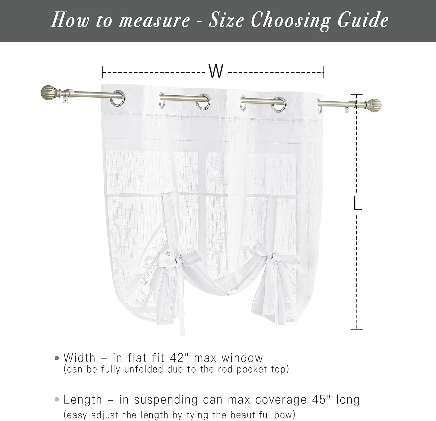 Pony Dance Tie Up Curtains - Bathroom Window Curtain Small Ballon Shade Valances for Kitchen Linen Look Semi-Sheer Decorative, 42 inches x 45 inches, White, 1 Piece
