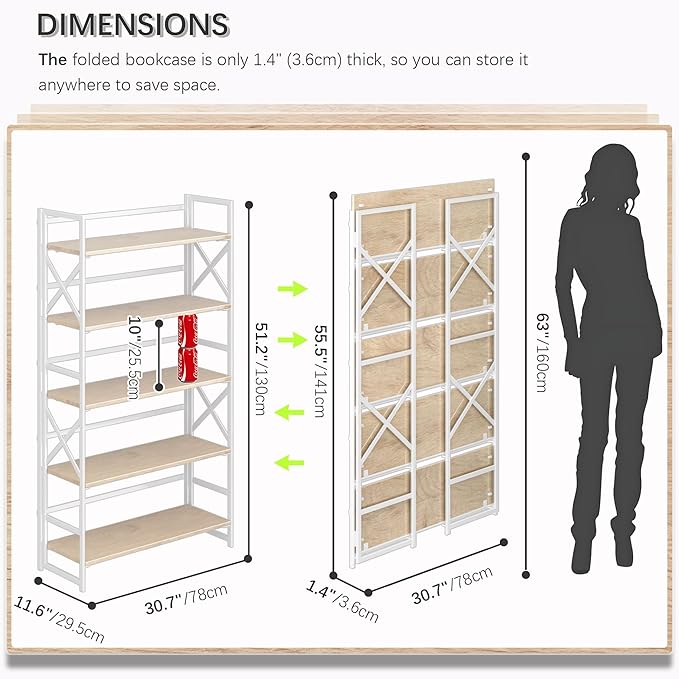 4NM Extra Wide 5 Tiers No Assembly Book Shelves, 51.2" H Folding Bookshelf - Image 2