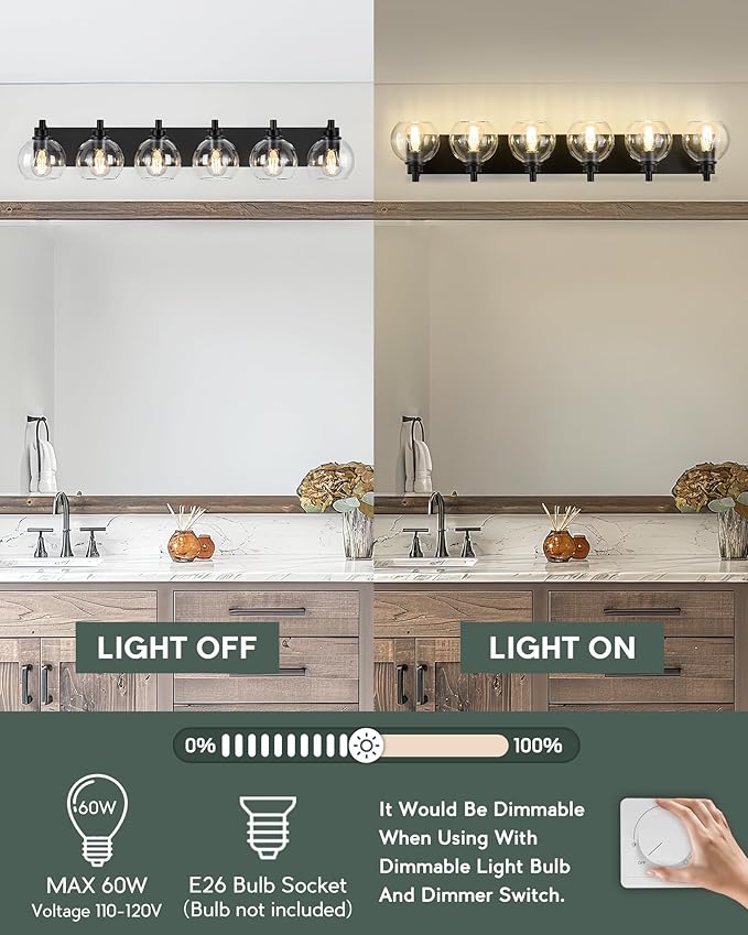 METWET Bathroom Light Fixtures, 6 Light Matte Black Vanity Light, 38 Inch - Image 6