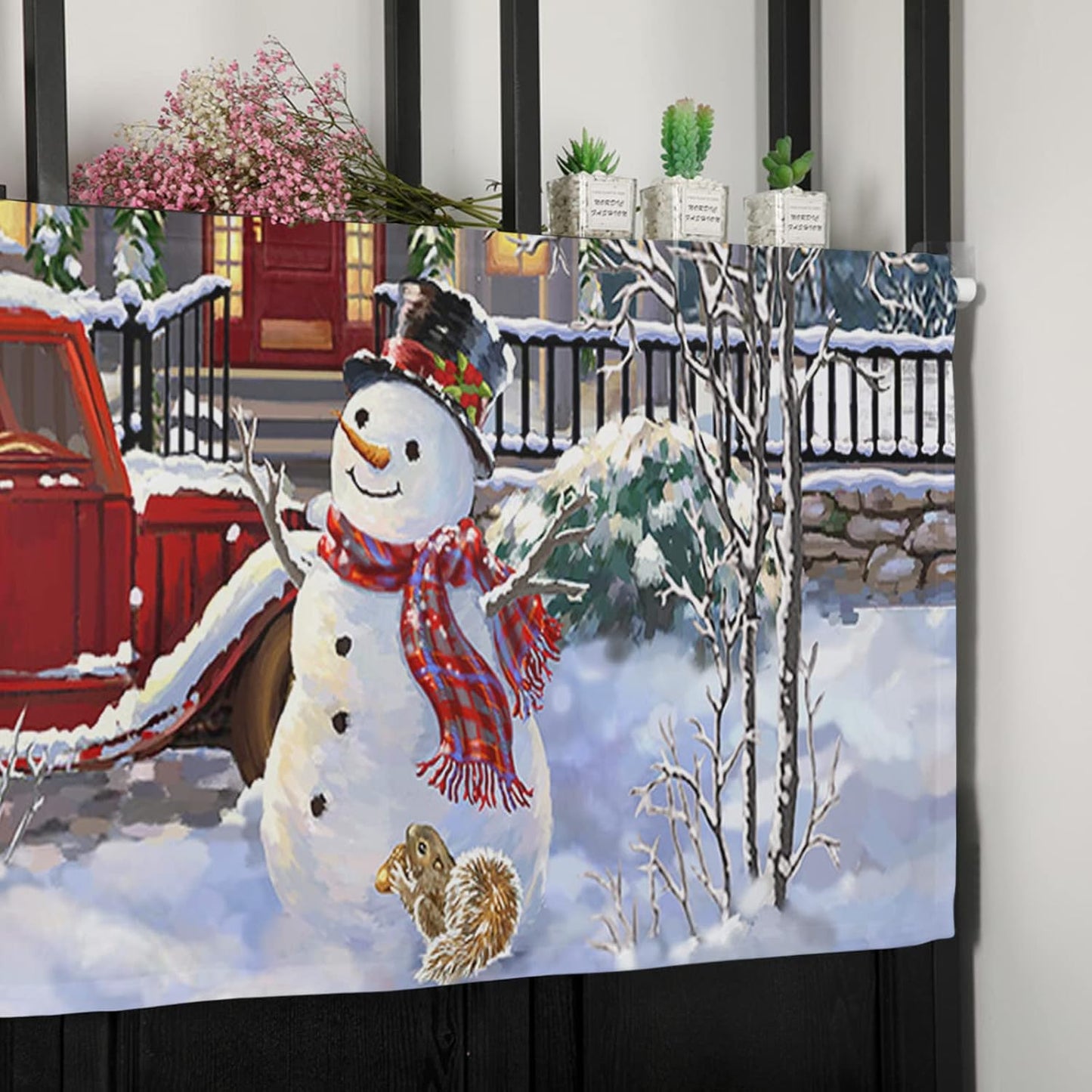 Christmas Curtain For Kitchen Windows Snowman Xmas Kitchen Curtain Valances Red Truck with Christmas Tree Window Curtain Treatment Short Topper Curtains Seasonal Valance Christmas Decor,42 x12 inch