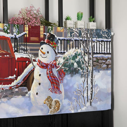 Christmas Curtain For Kitchen Windows Snowman Xmas Kitchen Curtain Valances Red Truck with Christmas Tree Window Curtain Treatment Short Topper Curtains Seasonal Valance Christmas Decor,42 x12 inch