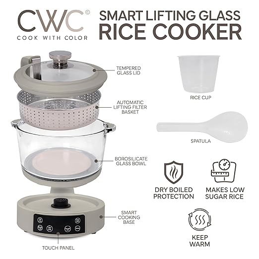 COOK WITH COLOR 3L Glass Mini Low Carb Rice Cooker – Holds 2 Cups Raw/Makes 6 - Image 2