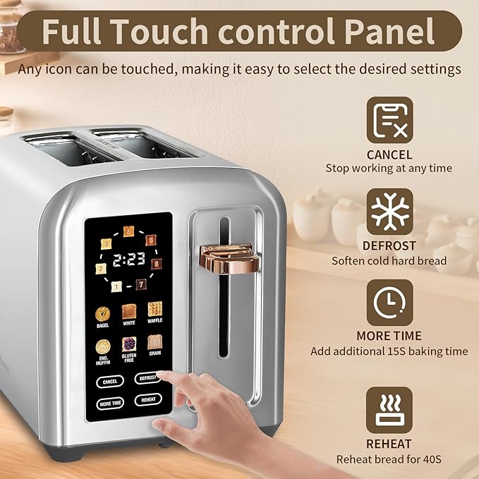 SEEDEEM Toaster 2 Slice, Full Touch Control Stainless Toaster, LCD Display - Image 4