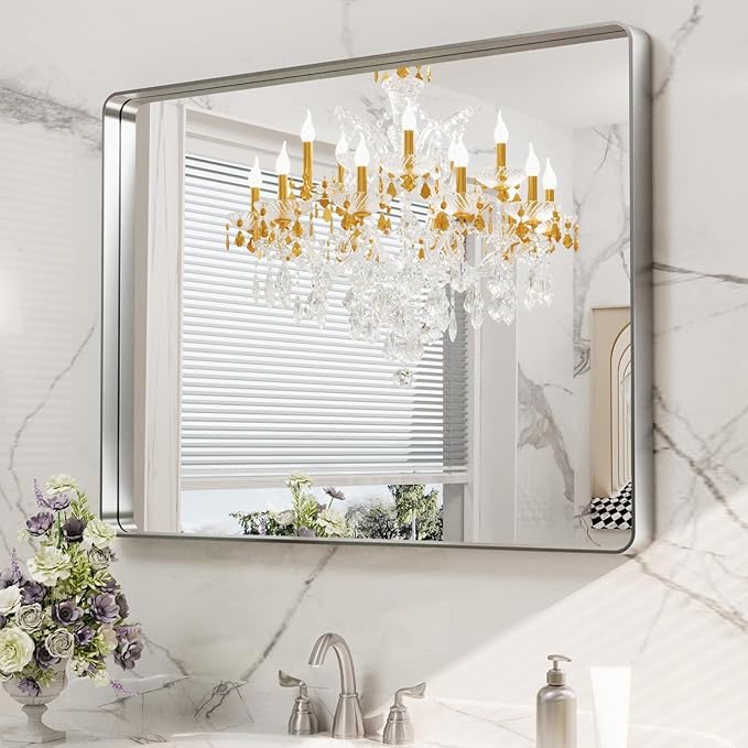 LOAAO 40X30 Inch Brushed Nickel Bathroom Mirror, Rounded Rectangle Silver Metal - Image 8