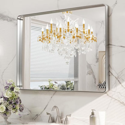 LOAAO 40X30 Inch Brushed Nickel Bathroom Mirror, Rounded Rectangle Silver Metal - Image 8