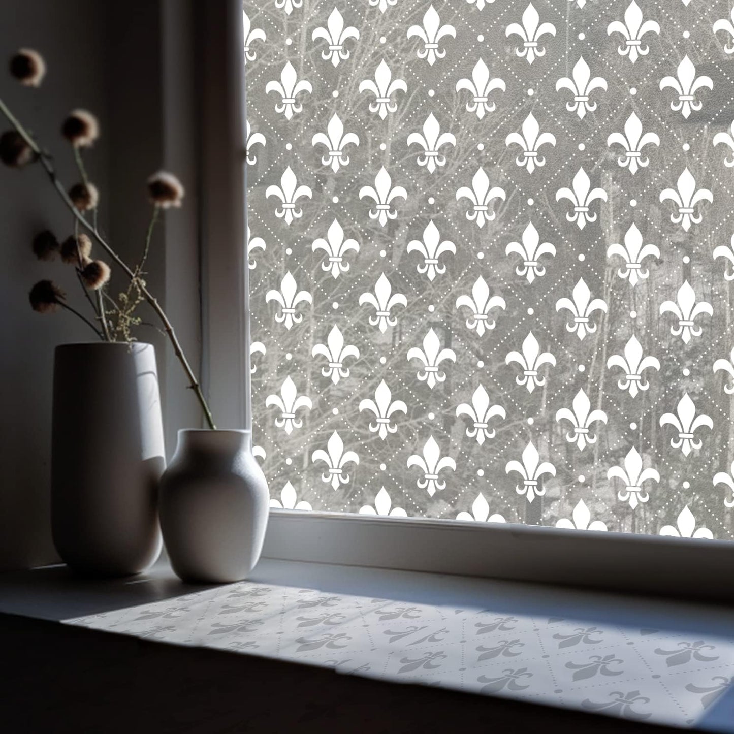 Pure White Window Privacy Film Decorative Pattern Design, Removable Frosted Glass Window Film Cling for Glass Window Door, Fleur De Lis 78.74"x22.83"
