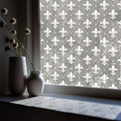 Pure White Window Privacy Film Decorative Pattern Design, Removable Frosted Glass Window Film Cling for Glass Window Door, Fleur De Lis 78.74"x22.83"