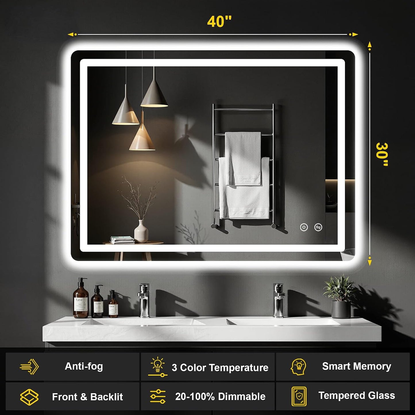 LED Bathroom Mirror with Lights, 30"x40" Lighted Vanity Mirror for Wall | Anti-Fog, Dimmable 3 Color Light, Backlit+Frontlit, Shatterproof Tempered Glass, Memory Function