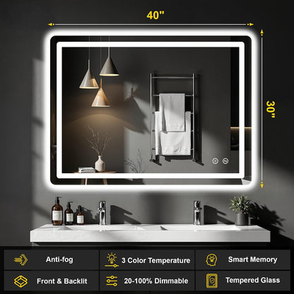 LED Bathroom Mirror with Lights, 30"x40" Lighted Vanity Mirror for Wall | Anti-Fog, Dimmable 3 Color Light, Backlit+Frontlit, Shatterproof Tempered Glass, Memory Function