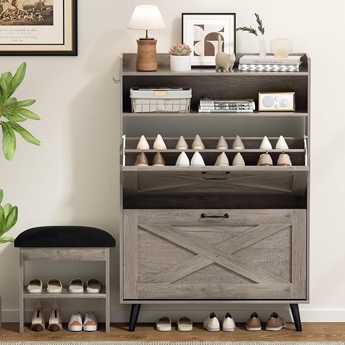 EOYUTLLY Shoe Cabinet with Bench, Shoe Organizer Cabinet with 2 Flip Drawers & by EOYUTLLY