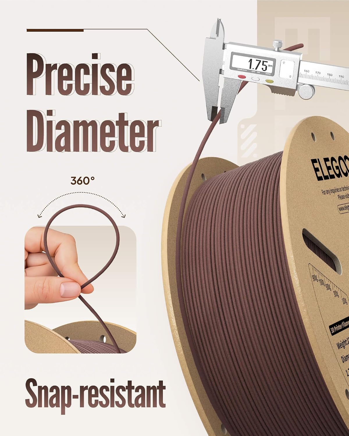 elegoo pla 3d printer filament 4kg oak wood/rosewood/tan, side view