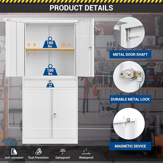 71" Metal Cabinet-White Heavy Duty Storage File Cabinet Steel Tool Cabinets - Image 6