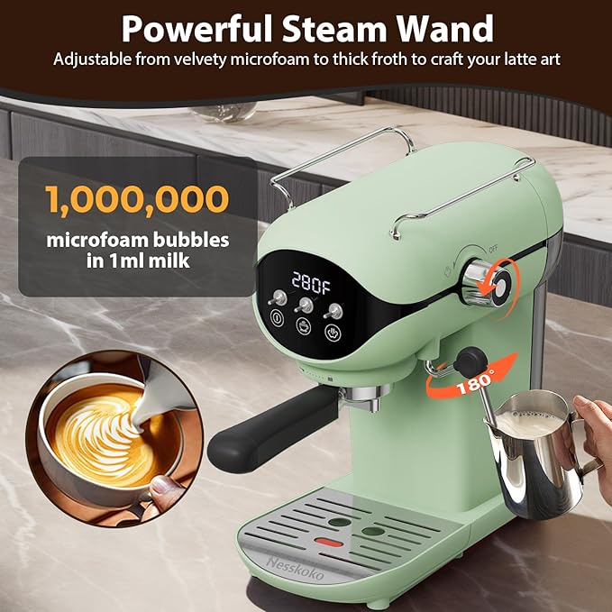 Espresso Machine with Steam Milk Frother Semi Automatic 20 Bar Compact Green - Image 4