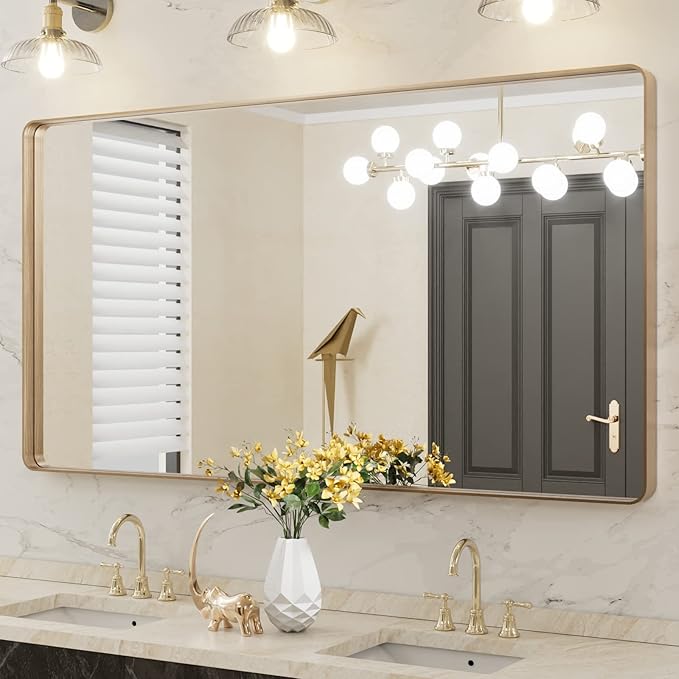 LOAAO 55”X30” Gold Bathroom Mirror, Rounded Rectangle Gold Frame Mirror - Image 8