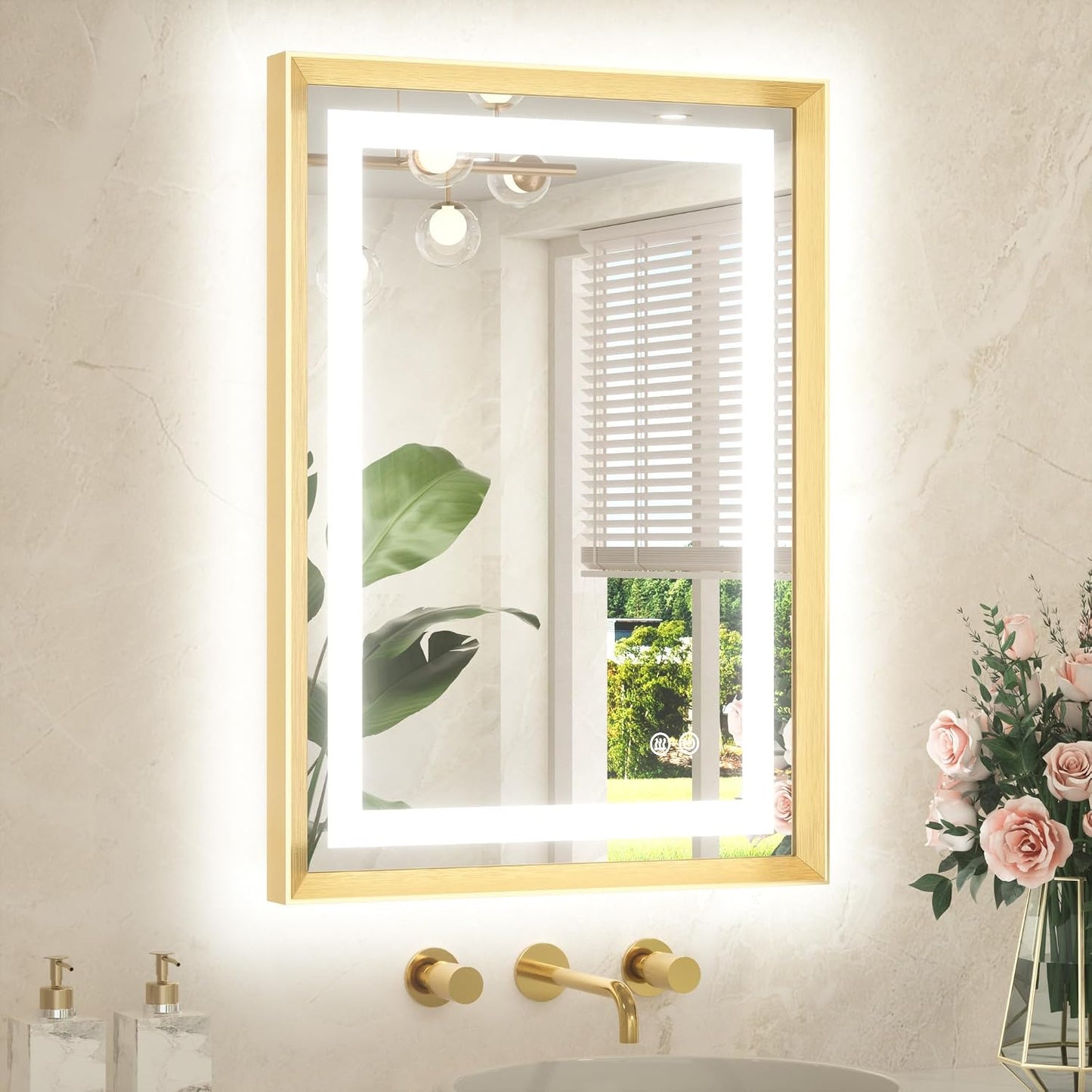 22 x 30 Bathroom LED Mirror Brushed Gold Metal Frame Frontlit & Backlit Vanity Mirror Anti-Fog Stepless Dimmable 3 Colors White/Warm/Natural Mirror with Lights Wall-Mounted