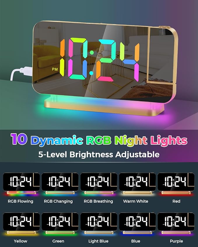 SZELAM Projection Alarm Clock, 7.4" LED Mirror Digital Clocks Large Display - Image 4