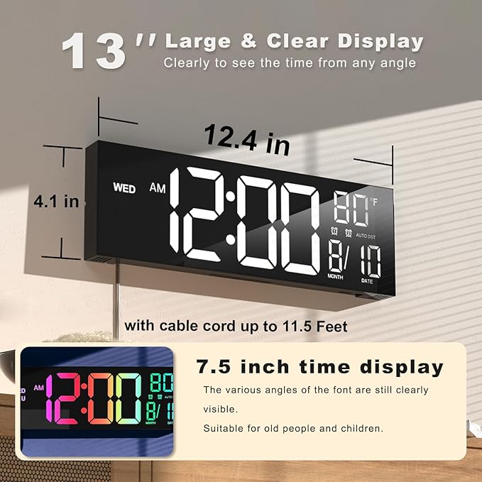 JALL 13" Large Digital Wall Mount Clock, Count Down Timer, Big LED, Temperature - Image 2