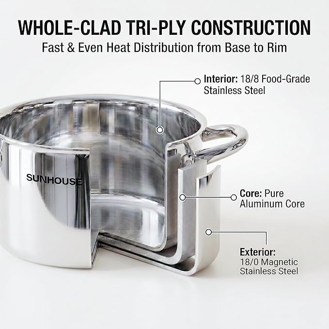 Sunhouse Professional 12-Quart Whole-Clad Multi-Ply Stainless Steel Stock Pot - Image 3