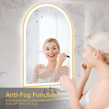 24"x36" Arched LED Lighted Bathroom Mirror with Lights | Gold Aluminum Frame, Fogless, Dimmable, Shatterproof, Touch Sensor, 3 Color Changing