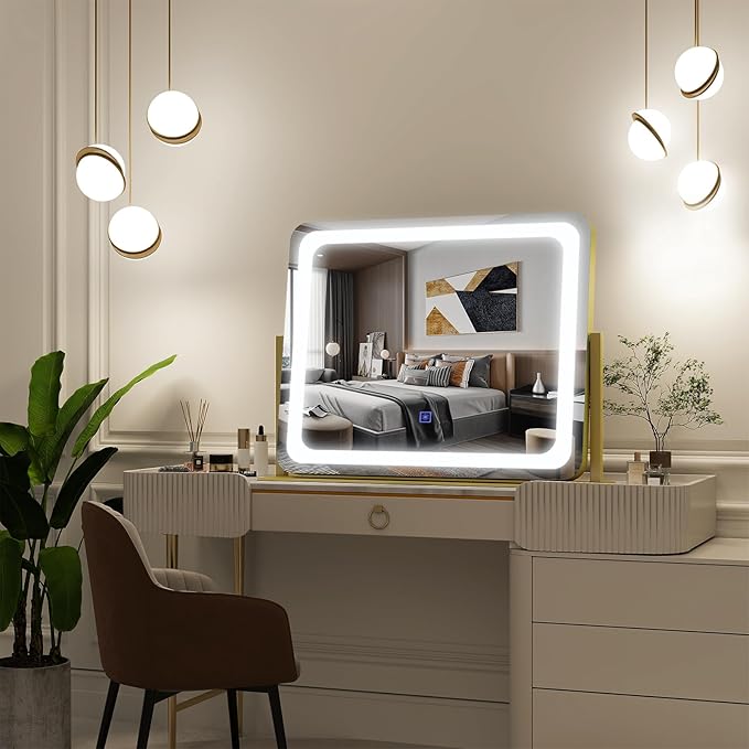 FENNIO Gold Vanity Mirror with Lights 22"x19", LED Lighted Makeup Mirror - Image 6