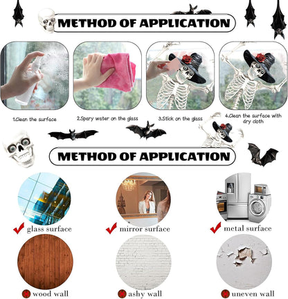 Large Halloween Window Clings, Skeleton Window Stickers Double-Sided Home Bats Sticker Decals Extra Large Halloween Decorations Indoor Outdoor Room Glass Party Decor