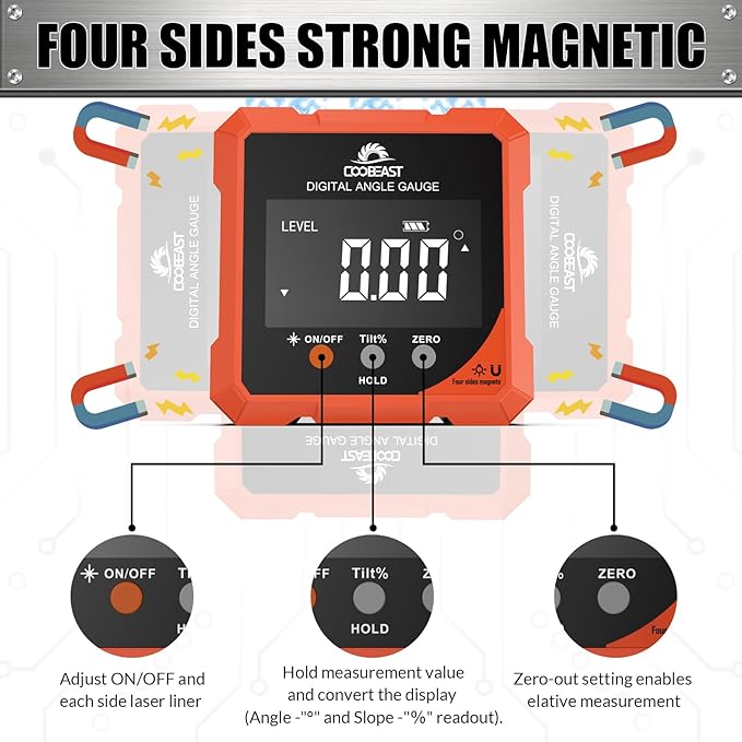 Digital Angle Finder with Laser, 4-side Magnetic Digital Angle Gauge, - Image 3