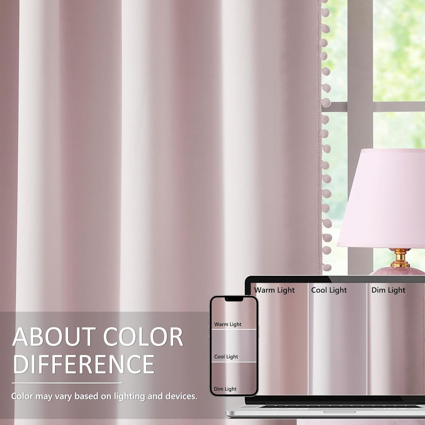 Treatmentex Pompom Pink Full Blackout-Curtains for Bedroom, Thermal Insulated Small Curtain Drapes for Baby Nursery Room Basement 52" W x 45" L 2 Panels Rod Pocket