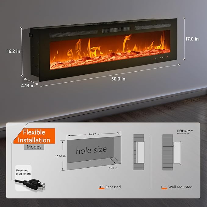 EUHOMY 50 Inch Electric Fireplace Wall Recessed and Wall Mounted - Image 5