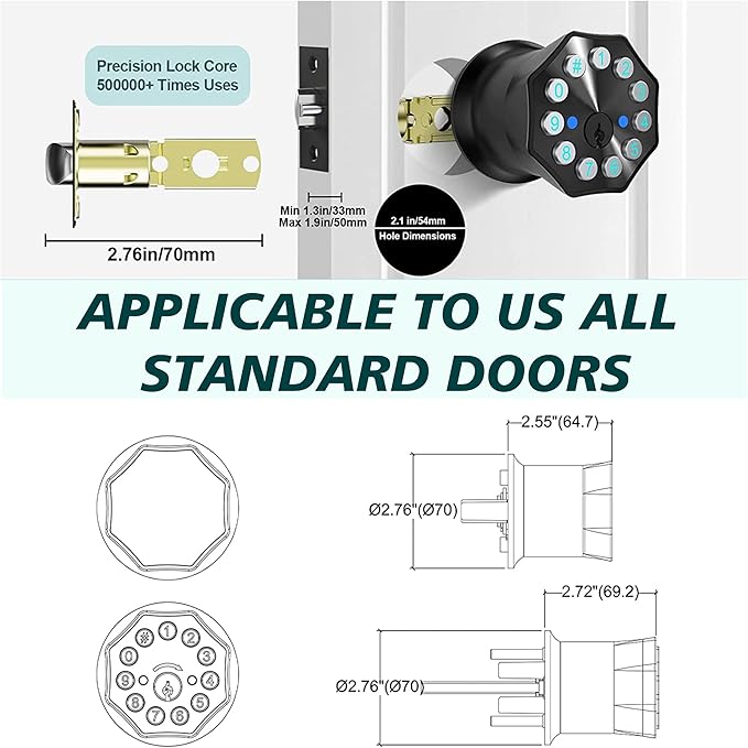 Black Door Knobs with Digital Keypad Lock, Electronic Door Lock with Handle - Image 6