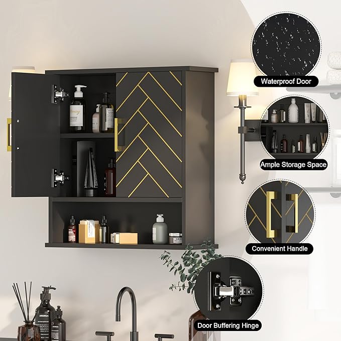 Black Chevron Pattern Bathroom Wall Cabinet, Modern Hanging Medicine Cabinet - Image 3