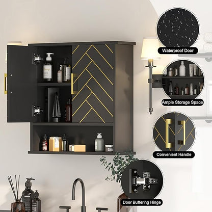 Black Chevron Pattern Bathroom Wall Cabinet, Modern Hanging Medicine Cabinet - Image 3