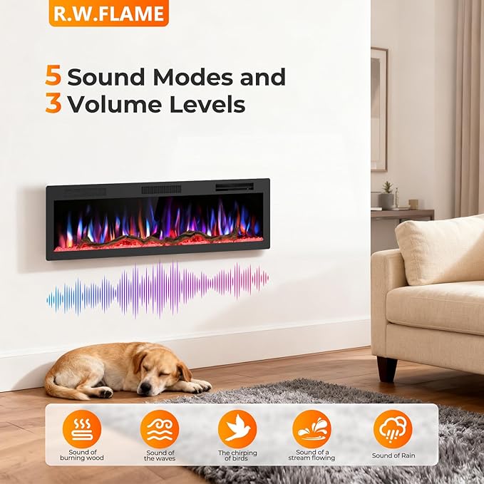 R.W.FLAME 60" Recessed and Wall Mounted Smart Electric Fireplace, Alexa/WiFi - Image 6