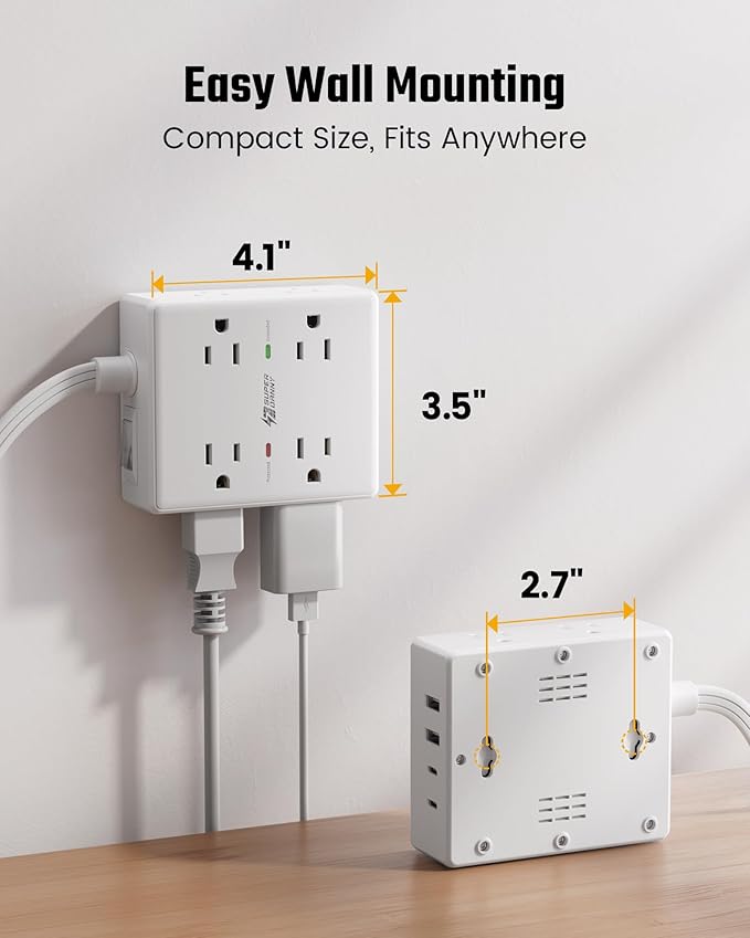 10Ft Extension Cord with Multiple Outlets, Flat Plug Surge Protector Power - Image 7