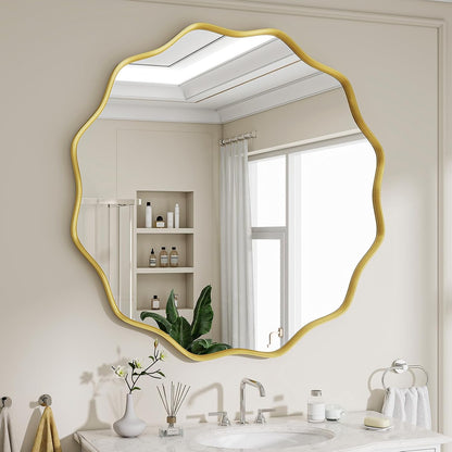 Wavy Round Mirror, 30" Scalloped Metal Frame Gold Circle Mirror | Wall Mounted for Bathroom, Vanity, Entryway, Hallway, Living Room
