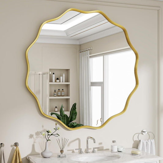 Wavy Round Mirror, 30" Scalloped Metal Frame Gold Circle Mirror | Wall Mounted for Bathroom, Vanity, Entryway, Hallway, Living Room
