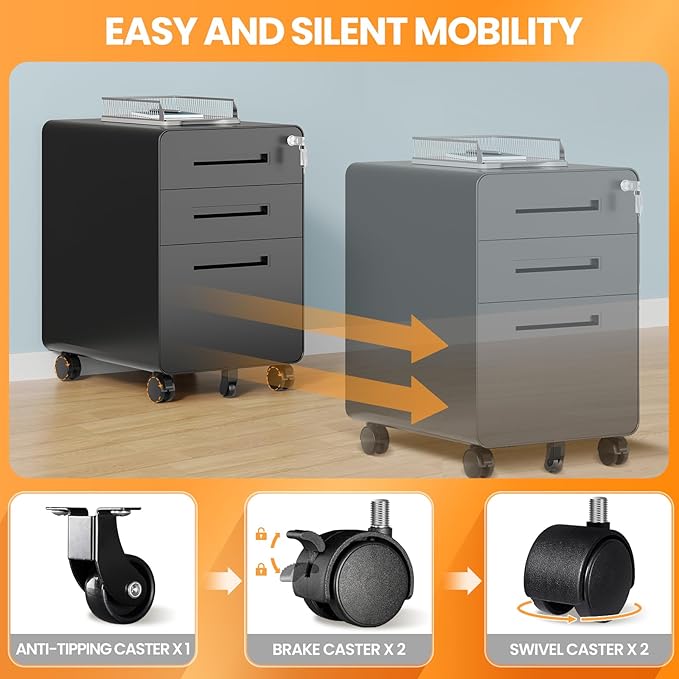 3 Drawer File Cabinet, Fully Assembled Mobile File Cabinets - Image 4